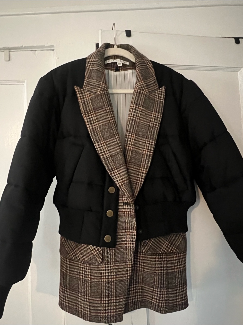 Black Puffer Blazer with Brown Plaid Tailoring - Women's